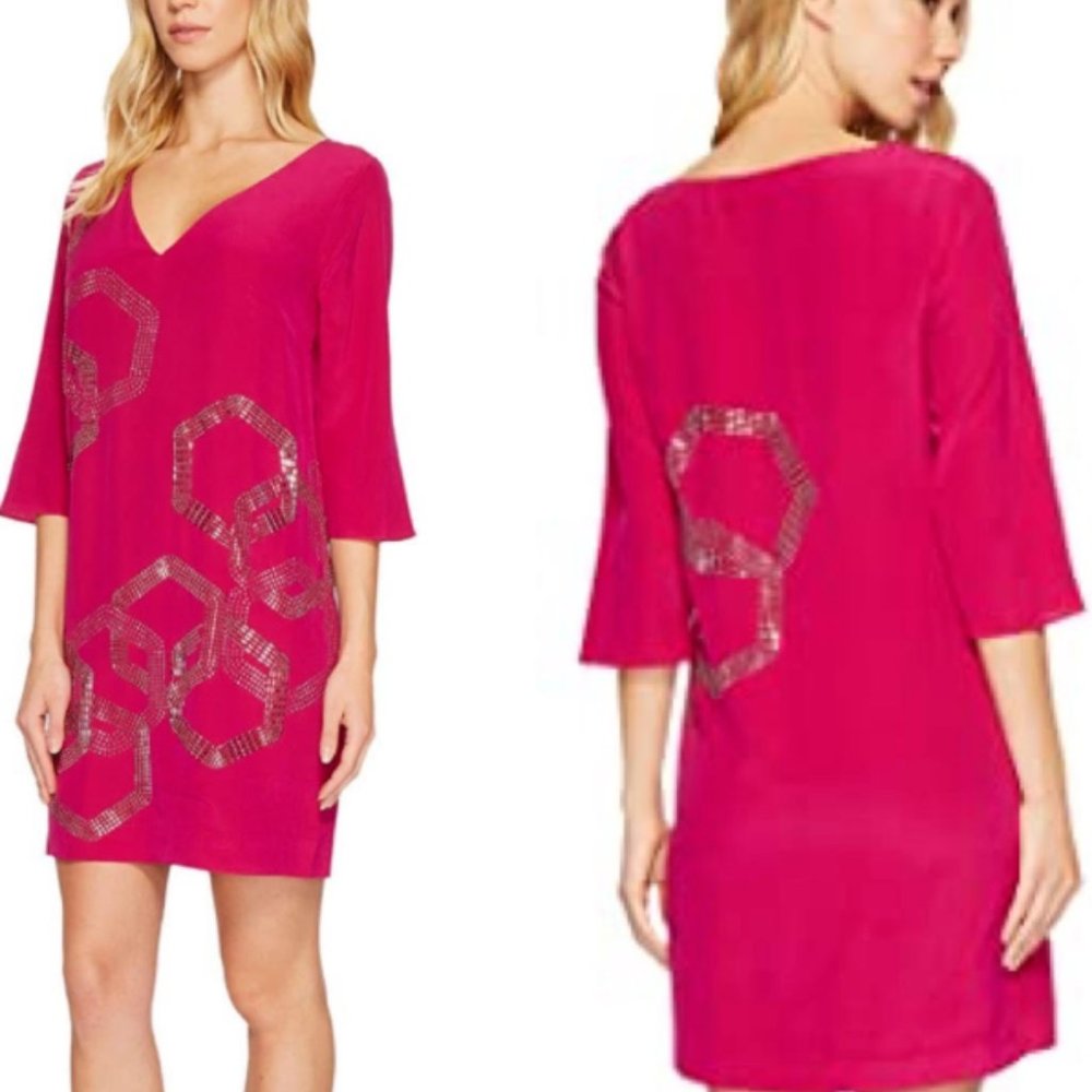 TRINA TURK Boysenberry Beaded Sequins Geo Pattern Silk Mini Dress. NWT. Size 6